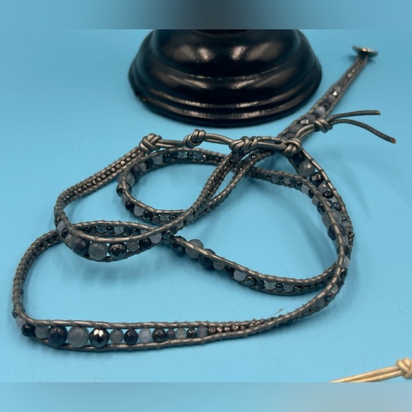 Boho Beaded Necklace, Designer Leather Jewelry, Modern Bohemian Choker - Picture 8 of 15